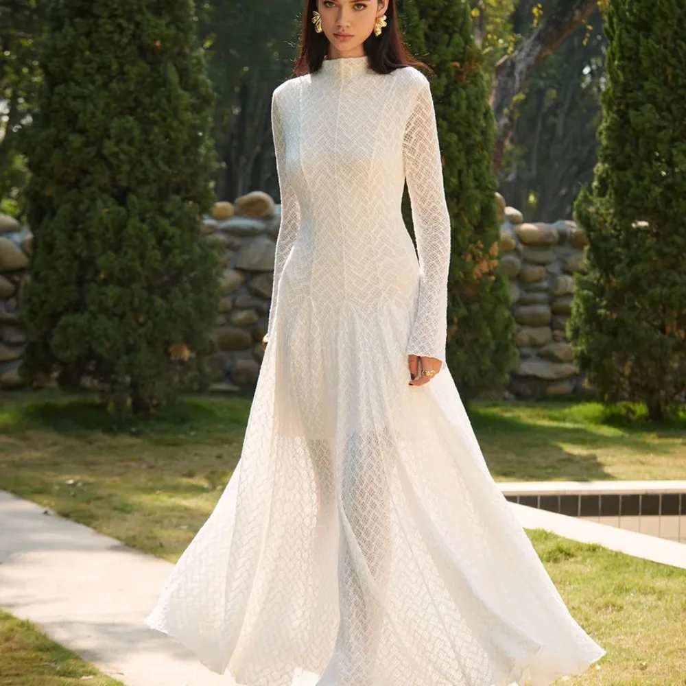 Commense Semi-Sheer Mock Neck Lace Flowy Long Dress - Picture 3 of 9